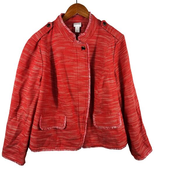 Chico's Women's Size 3 (XL/16) Orange Tweed Textured Fringe Zip Jacket - Picture 1 of 12